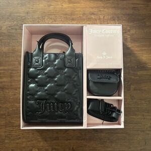 NWT‎ Juicy Couture 3 Piece Bag Set Gothic Quilted Liquorice Coin Purse/ Strap
